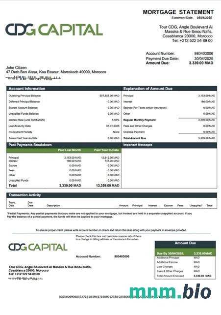 Maroko CDG Capital wyciąg z kredytu hipotecznego szablon Word i PDF